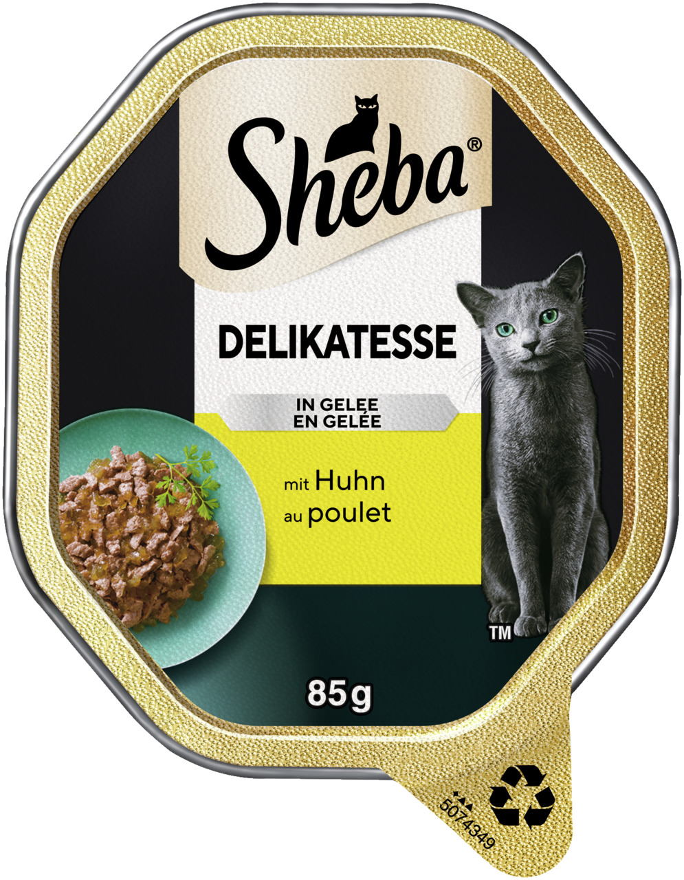 Sheba Delikatesse in Gelee, Huhn, für Katzen, 85 g – Elegantes Design mit grauem Kater & Portion Futter.