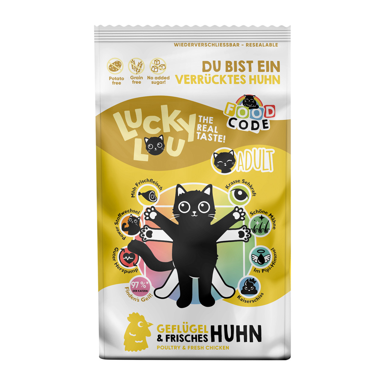 Lucky Lou Katzenfutter Adult Geflügel & Frisches Huhn, frisches Fleisch, ohne Getreide, Zucker, Kartoffeln, wiederverschließbar.