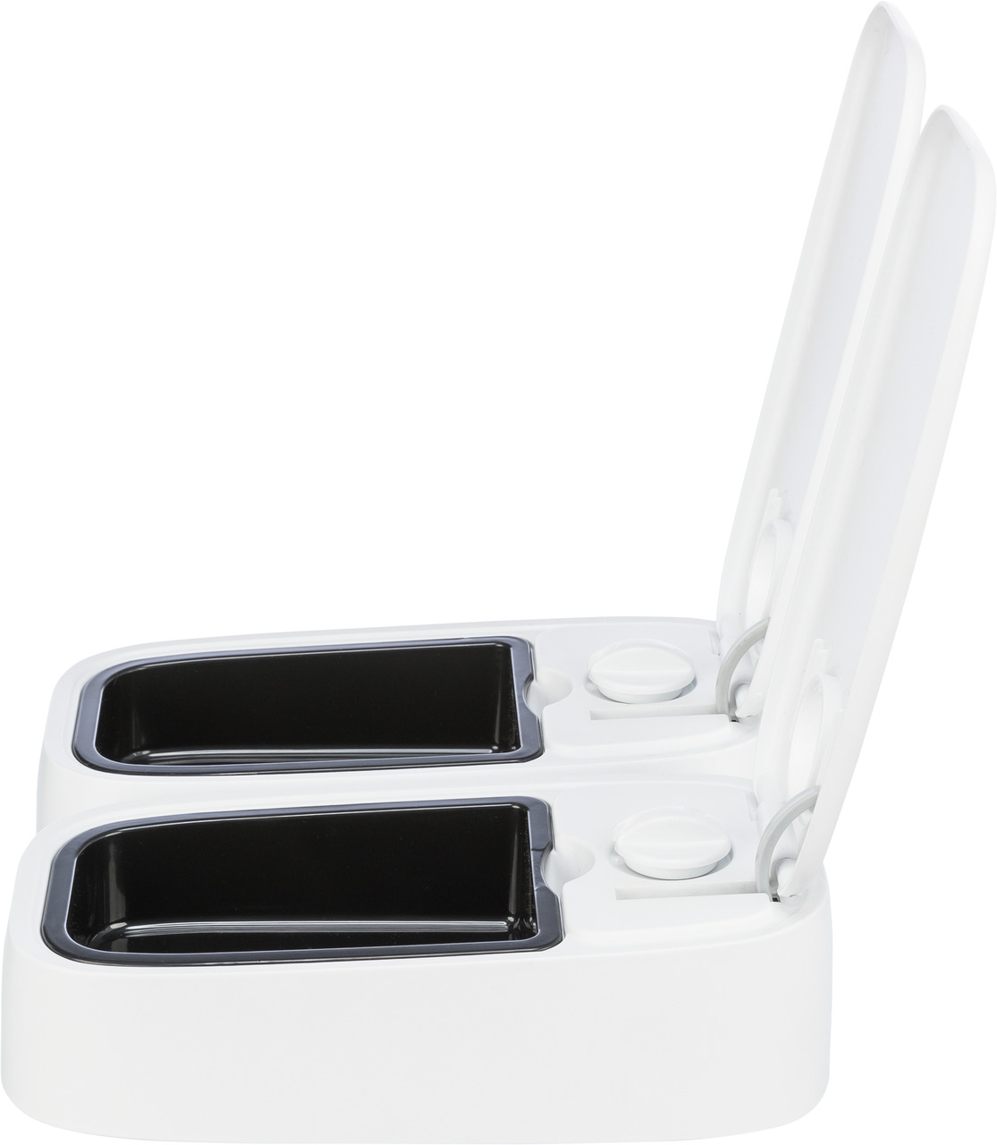 TRIXIE TX2 Futterautomat, Katzen & kl. Hunde, 2x300ml, zeitgesteuerte Fütterung, weiße Klappdeckel, schwarze Einsätze.