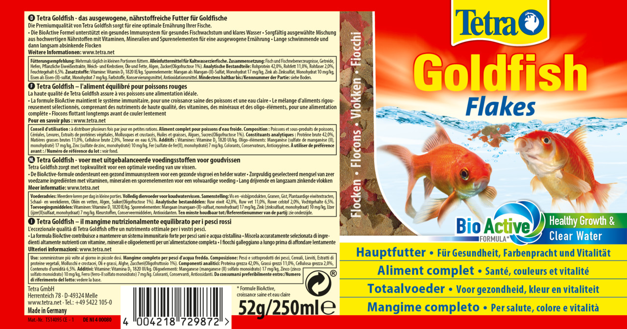 Tetra Goldfish Flakes, Hauptfutter für Goldfische, mit BioActive-Formel für Gesundheit, Farbe & Vitalität, 52 g-250 ml.