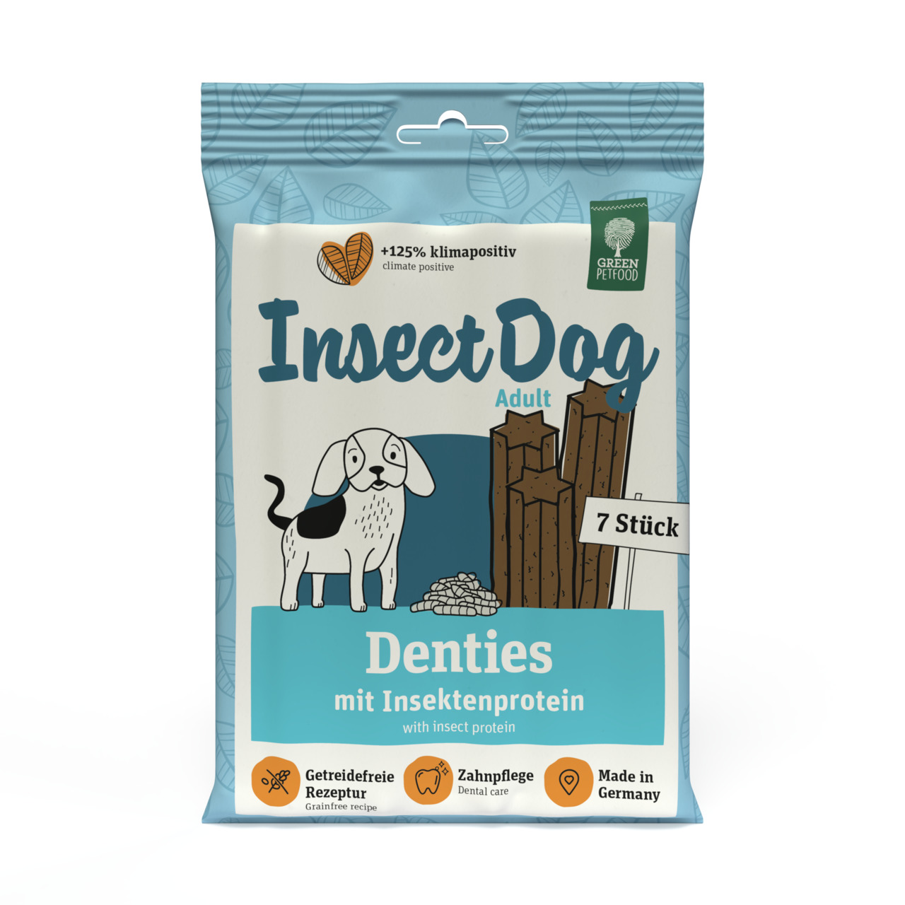Green Petfood InsectDog Denties: Zahnpflege-Snacks für erwachsene Hunde, Insektenprotein, getreidefrei, 7 Stk., klimafreundlich, DE.
