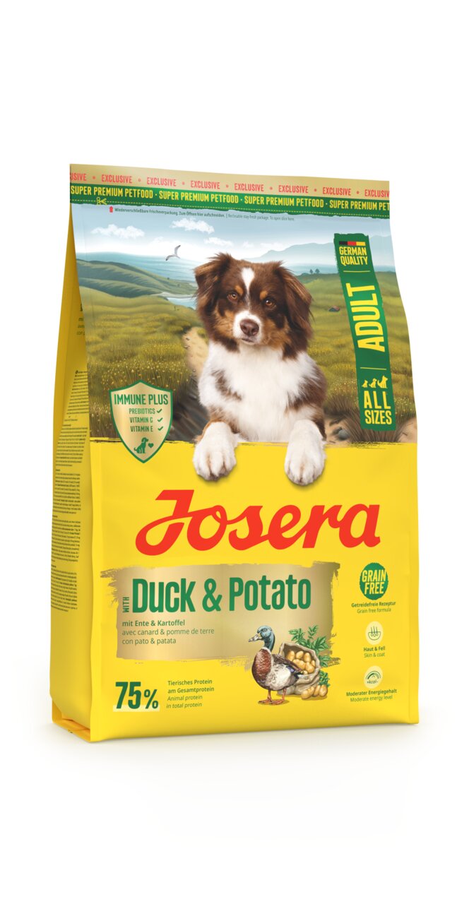 Josera Duck & Potato Hundefutter, für Erwachsene, Geschmack Ente & Kartoffel, getreidefrei, 15 kg, unterstützt Haut & Fell.