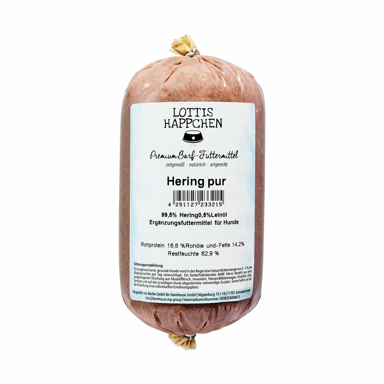 Lottis Häppchen Hundefutter „Hering pur“, Ergänzungsfuttermittel, 98,5 % Hering, 0,5 % Leinöl, für Hunde, 18,8 % Rohprotein, 14,2 % Rohfett.
