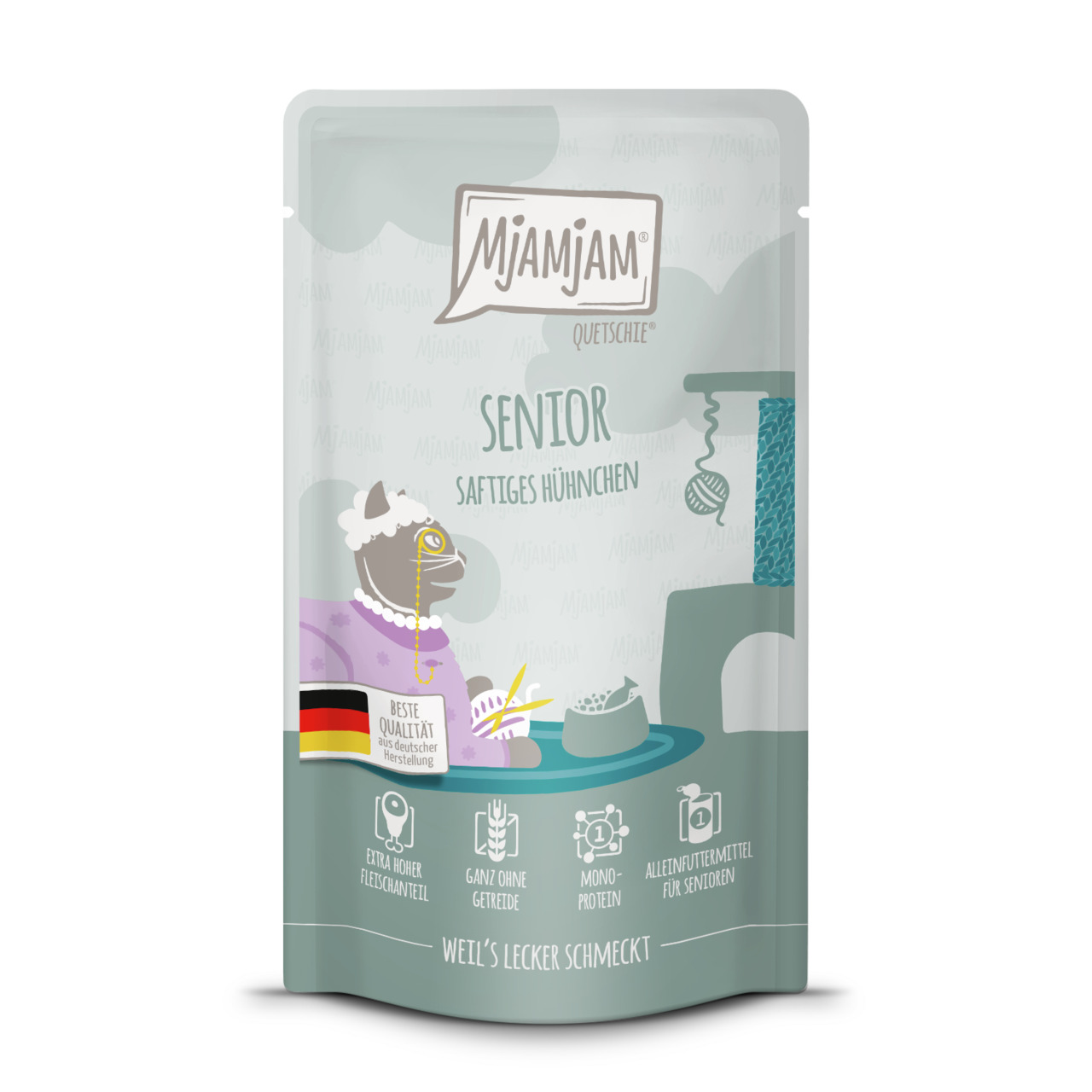 Das Bild zeigt eine Verpackung des Katzenfutters „MJAMJAM Quetschie Senior Saftiges Hühnchen“. Es ist speziell für ältere Katzen entwickelt und enthält Hühnchen als Monoprotein. Die Verpackung hebt hervor: extra hoher Fleischanteil, getreidefrei, Alleinfu