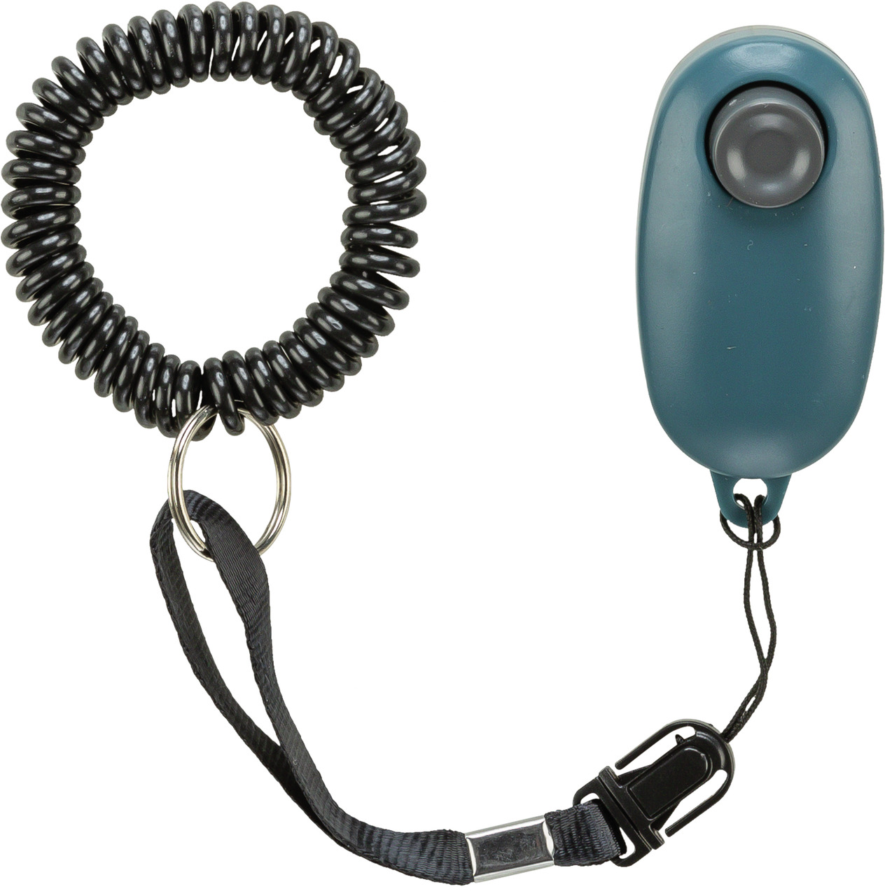 Das Bild zeigt den TRIXIE Clicker mit Spiralschlaufe, ein Trainingsgerät für Hunde. Der Clicker ist türkisfarben und verfügt über eine schwarze Spiralschlaufe sowie ein verstellbares Band mit Karabinerhaken. Er eignet sich für Hundebesitzer, die positive 