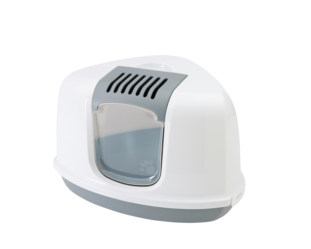 Katzentoilette SAVIC Nestor, weiß/grau, für Katzen aller Größen, mit Schwingtür, Aktivkohlefilter, robust, hygienisch, geruchsarm.