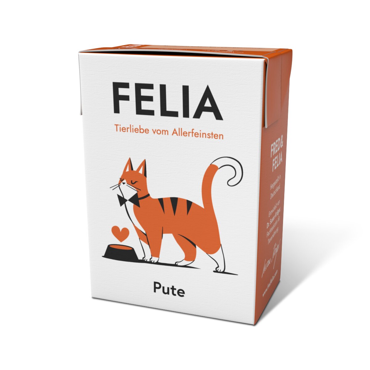 FELIA Katzenfutter Pute für Katzen, Tierliebe vom Allerfeinsten, Nassfutter im Karton mit Katzenillustration.