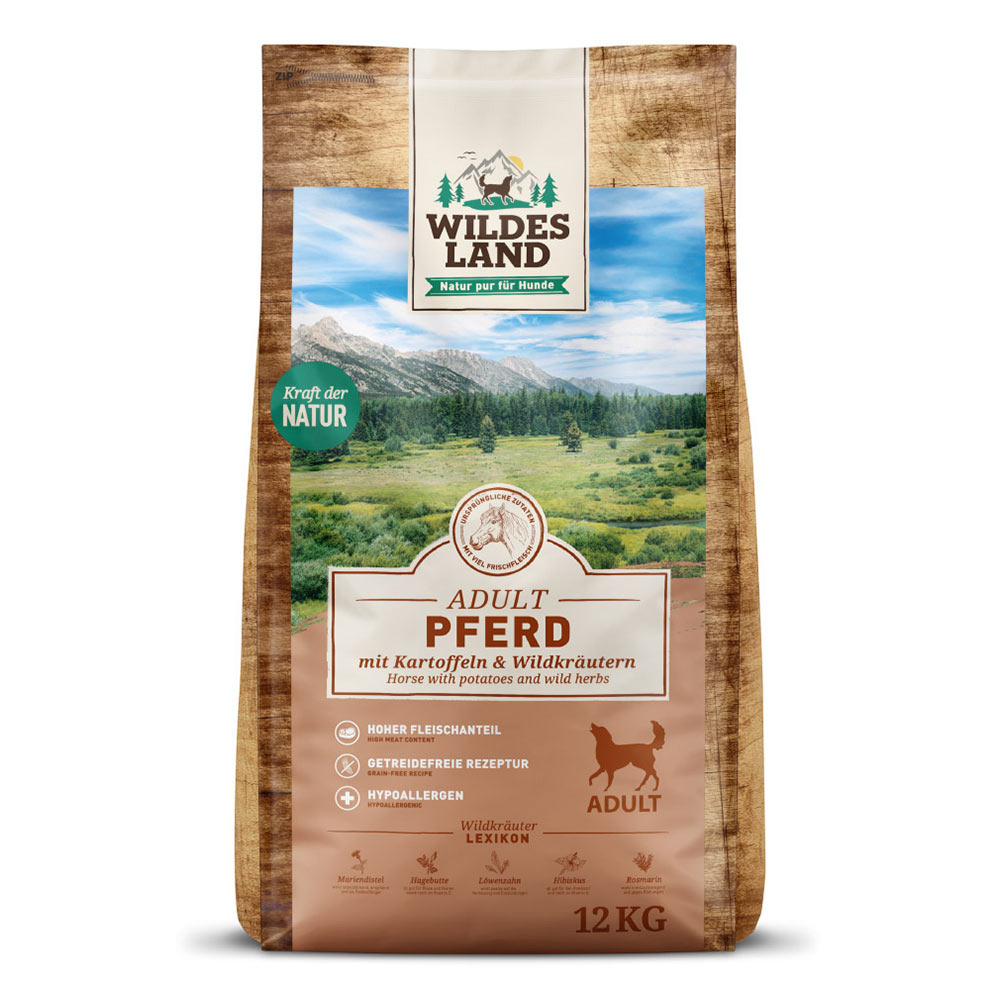 Wildes Land Hundefutter Adult, Pferd+Kartoffeln, 12 kg, hoher Fleischanteil, getreidefrei, hypoallergen, für ausgewachsene Hunde.