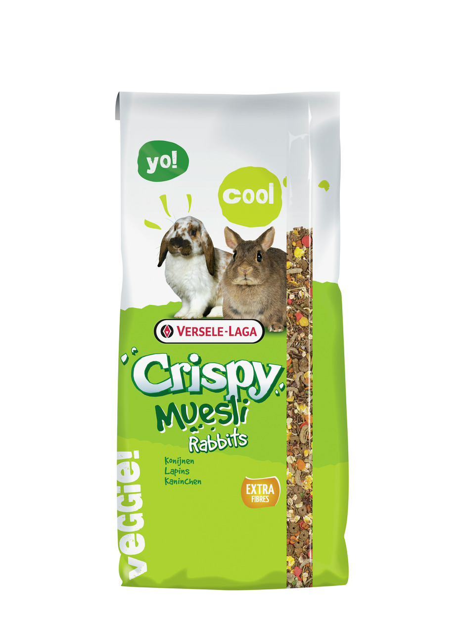 Versele-Laga Crispy Muesli Rabbits, Kaninchenfutter, mit extra Ballaststoffen, 2 Kaninchen auf Packung, „yo!“ & „cool“.
