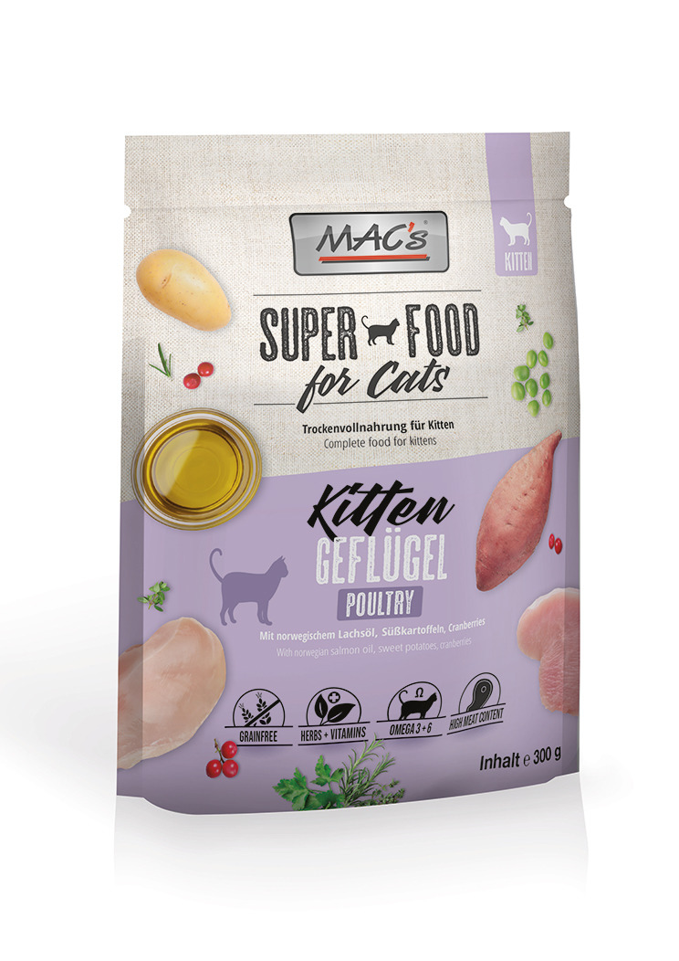 MAC's Super Food for Cats Kitten Geflügel, Trockenfutter für Kätzchen, Geflügelgeschmack, mit Lachsöl, 300 g.
