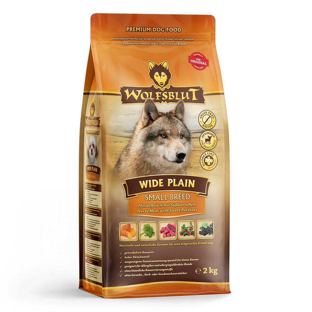 WOLFSBLUT Wide Plain Small Breed Pferdefleisch mit Süßkartoffel 2kg Hundetrockenfutter