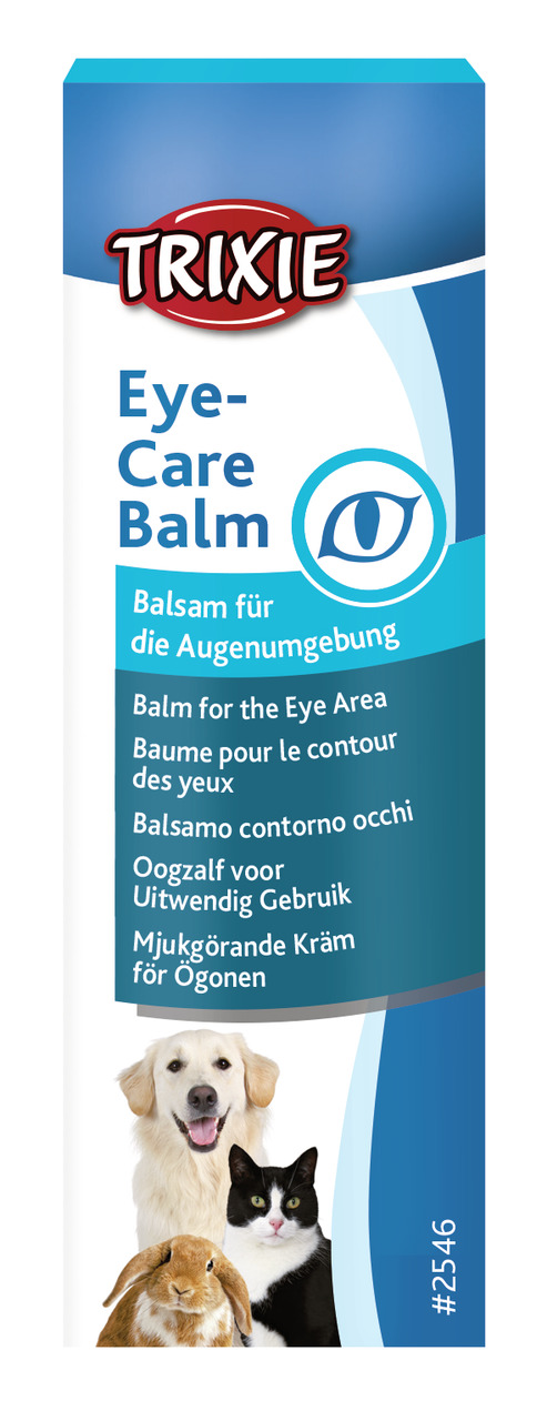 Das Bild zeigt die Verpackung des TRIXIE Eye Care Balm, einem Balsam für die Augenumgebung von Haustieren. Die Zielgruppe sind Hunde, Katzen und Kleintiere. Die Verpackung ist in Blau und Weiß gestaltet, mit dem TRIXIE-Logo oben. Unten sind ein Hund, eine