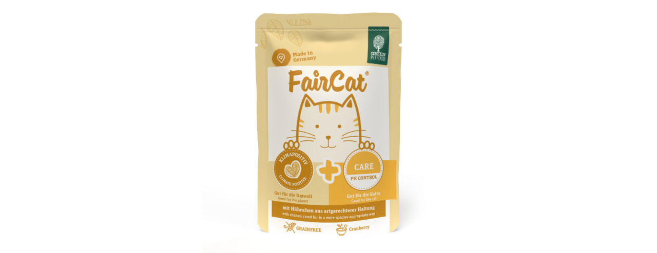 Green Petfood FairCat Care, Katzenfutter, Huhn & Cranberry, getreidefrei, 85 g, unterstützt Harnwegsgesundheit (pH-Control).