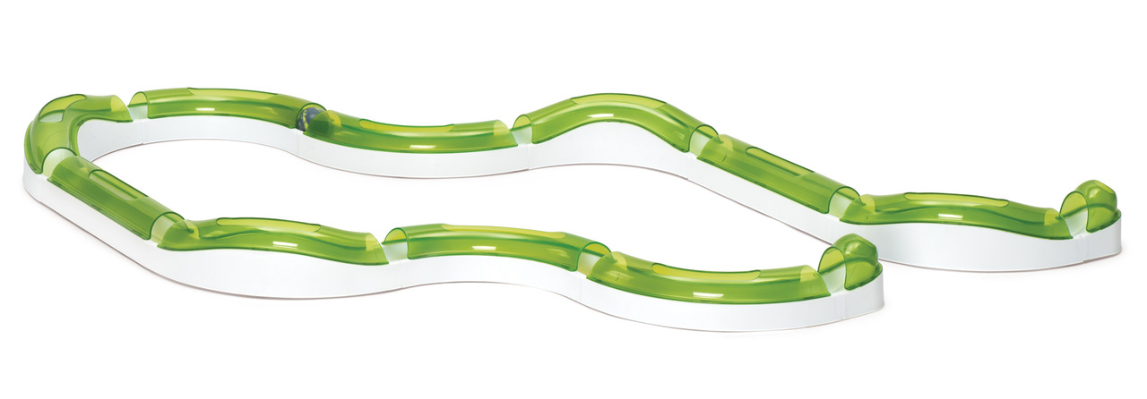 Catit Senses 2.0 Spielschienen-Circuit, Katzenspielzeug, interaktiv, für alle Altersgruppen, mit Kugel, weiße Basis, grüne Abdeckungen.