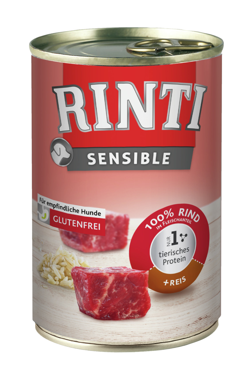 RINTI Sensible Hundefutter, 100 % Rind mit Reis, glutenfrei, nur tierisches Protein, für empfindl. Hunde, 400 g.