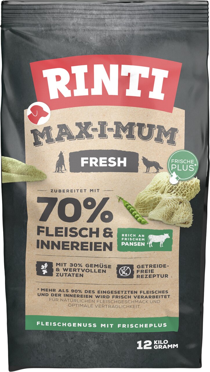 Hunde-Trockenfutter RINTI Max-i-Mum Fresh, Geschmacksrichtung Pansen, getreidefrei, mit 70% Fleisch, 12 kg Packung.