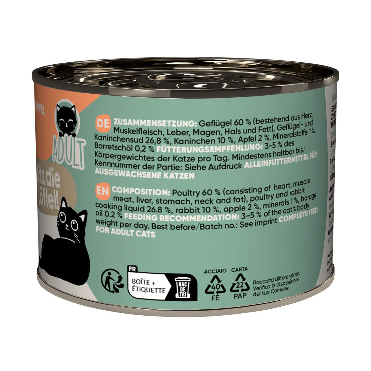 Das Bild zeigt eine Dose Katzenfutter der Marke Lucky Lou, speziell für ausgewachsene Katzen. Die Geschmacksrichtung ist Geflügel und Kaninchen. Die Zusammensetzung umfasst 60 % Geflügel (Herz, Muskelfleisch, Leber, Magen, Hals, Fett) und 26,8 % Geflügel-