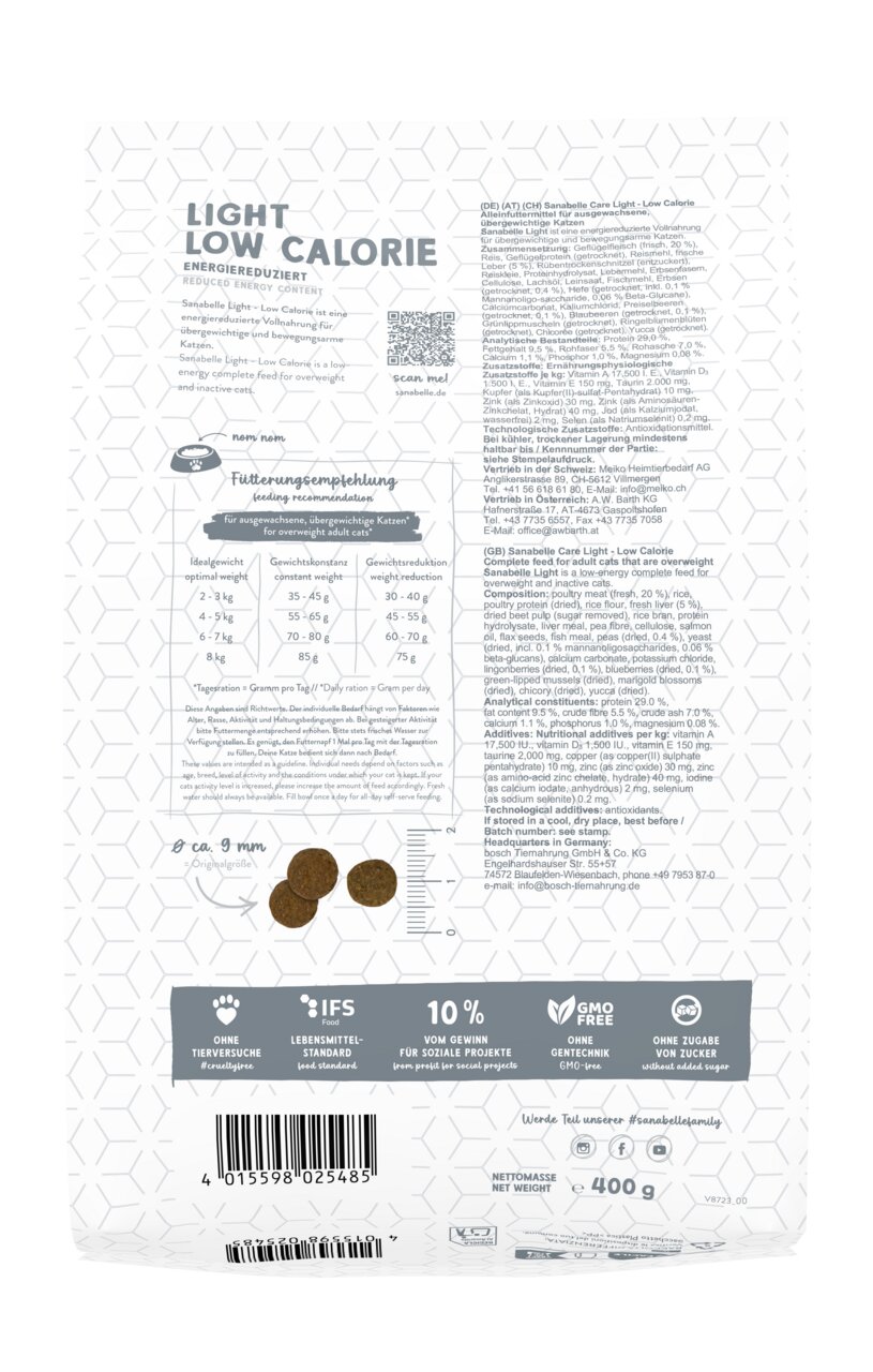 Sanabelle Light Low Calorie, Trockenfutter für übergewichtige Katzen, 400 g, ohne Gentechnik, Zuckerzusatz & Tierversuche, soz. Projekte.