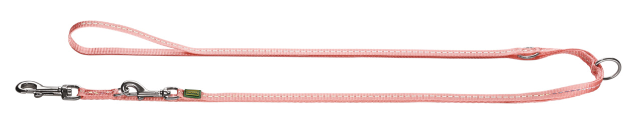 Das Bild zeigt eine hochwertige, verstellbare Hundeleine der Marke HUNTER in einem zarten Rosa. Die Leine ist mit reflektierenden Nähten versehen, die für bessere Sichtbarkeit bei schlechten Lichtverhältnissen sorgen. Sie verfügt über zwei robuste Karabin