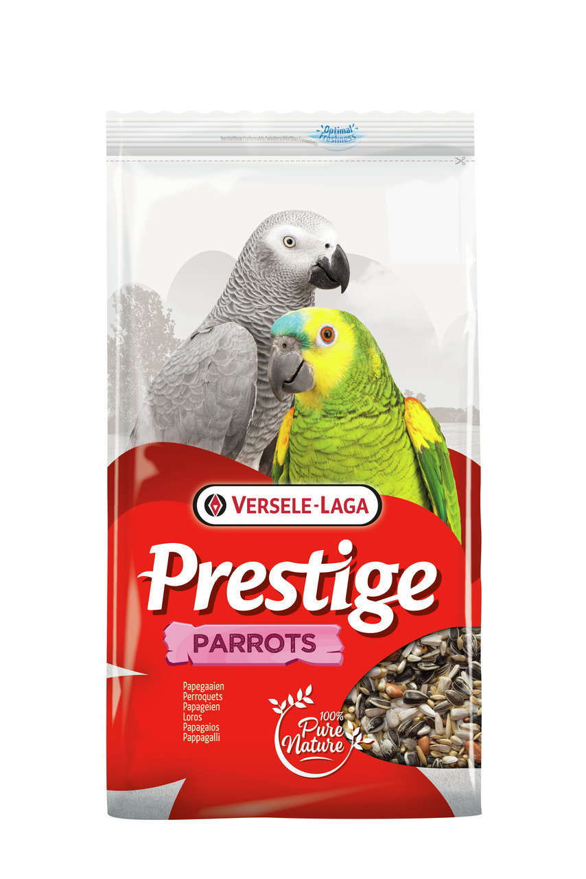 Versele-Laga Prestige Parrots: Futter f. Papageien, 100% Pure Nature, natürliche Zutaten, grauer+grüner Papagei auf Verpackung.