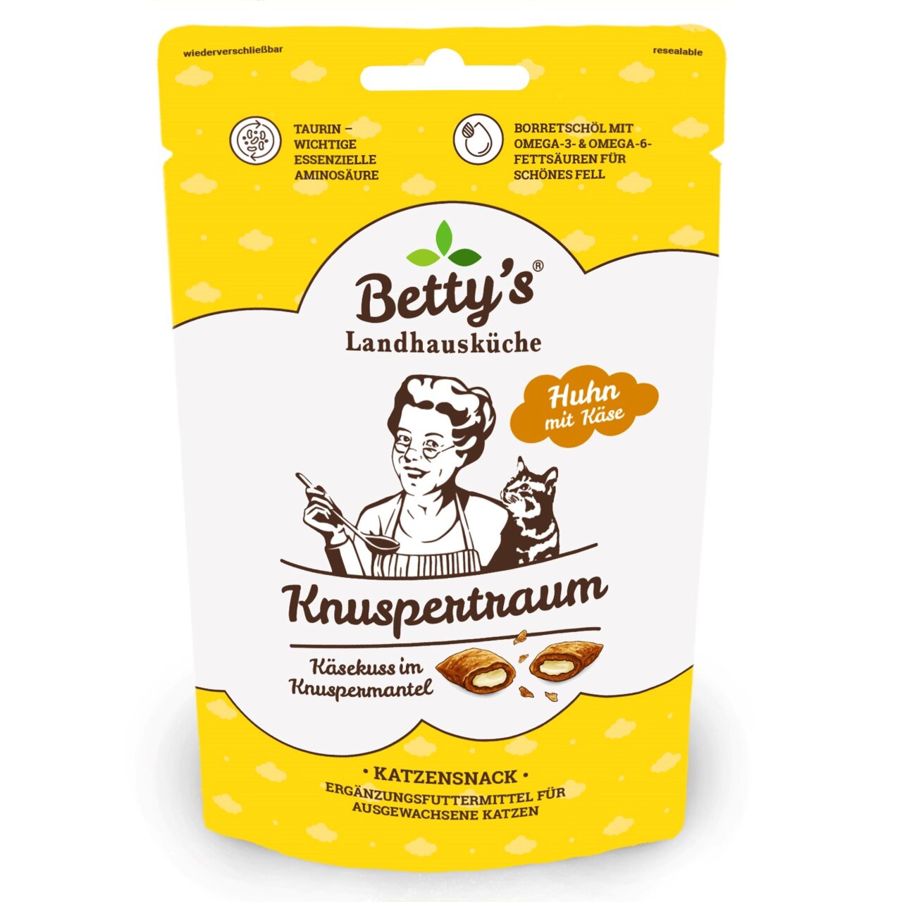 Betty’s Landhausküche Knuspertraum für ausgewachsene Katzen, Huhn mit Käse, Käsekuss im Knuspermantel, wiederverschließbar