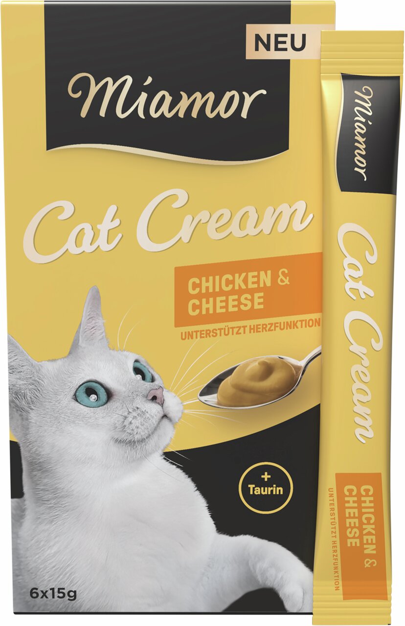 Miamor Cat Cream, Ergänzungsnahrung f. Katzen, Huhn & Käse, mit Taurin f. Herzfunktion, 6 x 15 g.