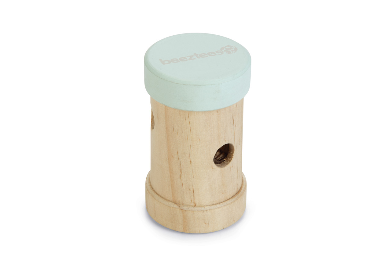 Beeztees Holzspielzeug für Kleintiere, Nagetiere, naturbel. Holz, mintgr. Deckel, Snack-Löcher, Beschäftigung & Zahnpflege.
