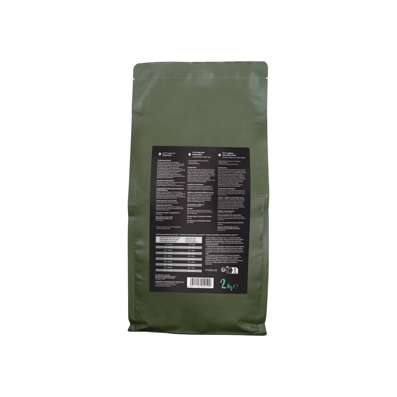 Grüner Futtersack mit schwarzem Etikett, 2 kg, Marke Lottis Häppchen, detaillierte Inhaltsangaben auf der Rückseite.