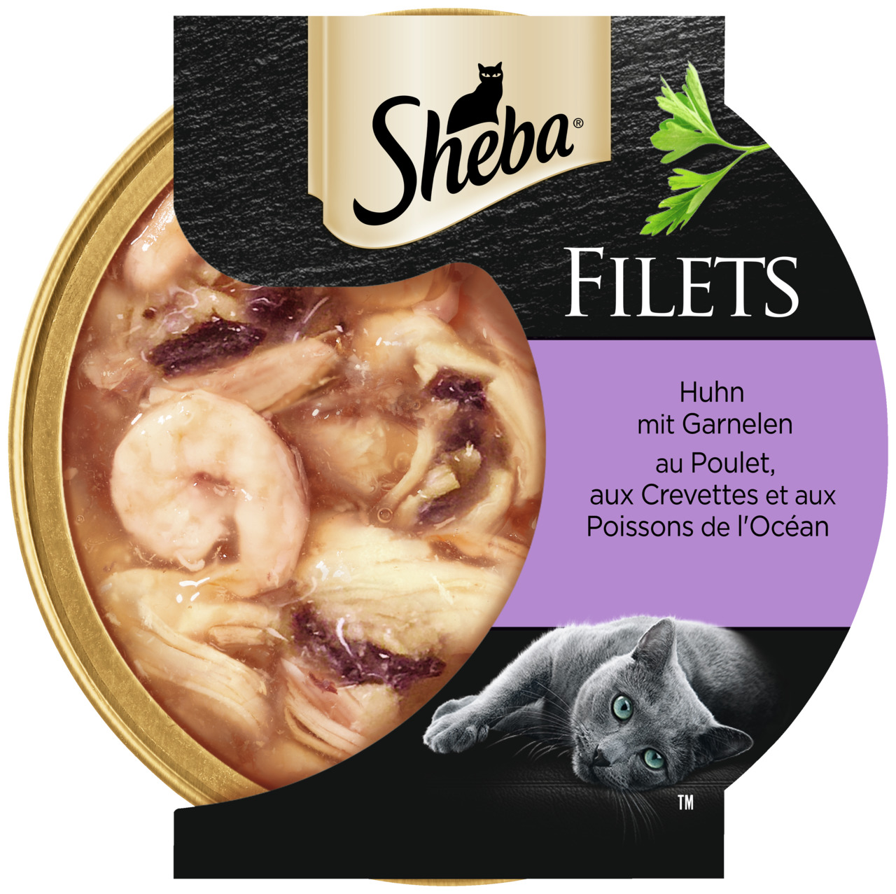 Sheba Filets Katzenfutter, Huhn & Garnelen, zarte Filets in Sauce, 85g, schwarze Verpackung mit violettem Etikett & Katzenmotiv.
