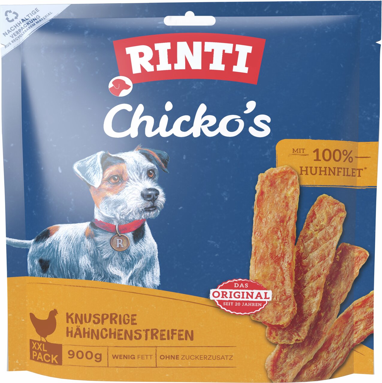RINTI Chicko's, knusprige Hähnchenstreifen für Hunde, 900 g, 100 % Huhnfilet, wenig Fett, ohne Zuckerzusatz.