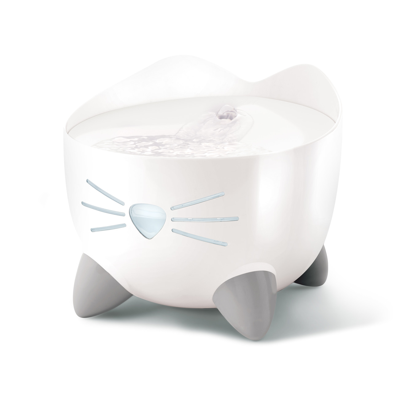 Catit PIXI Trinkbrunnen für Katzen, weiß, mit sanfter Wasserfontäne, fördert Gesundheit, kompaktes Design, 2,5L, stabil durch graue Füße.