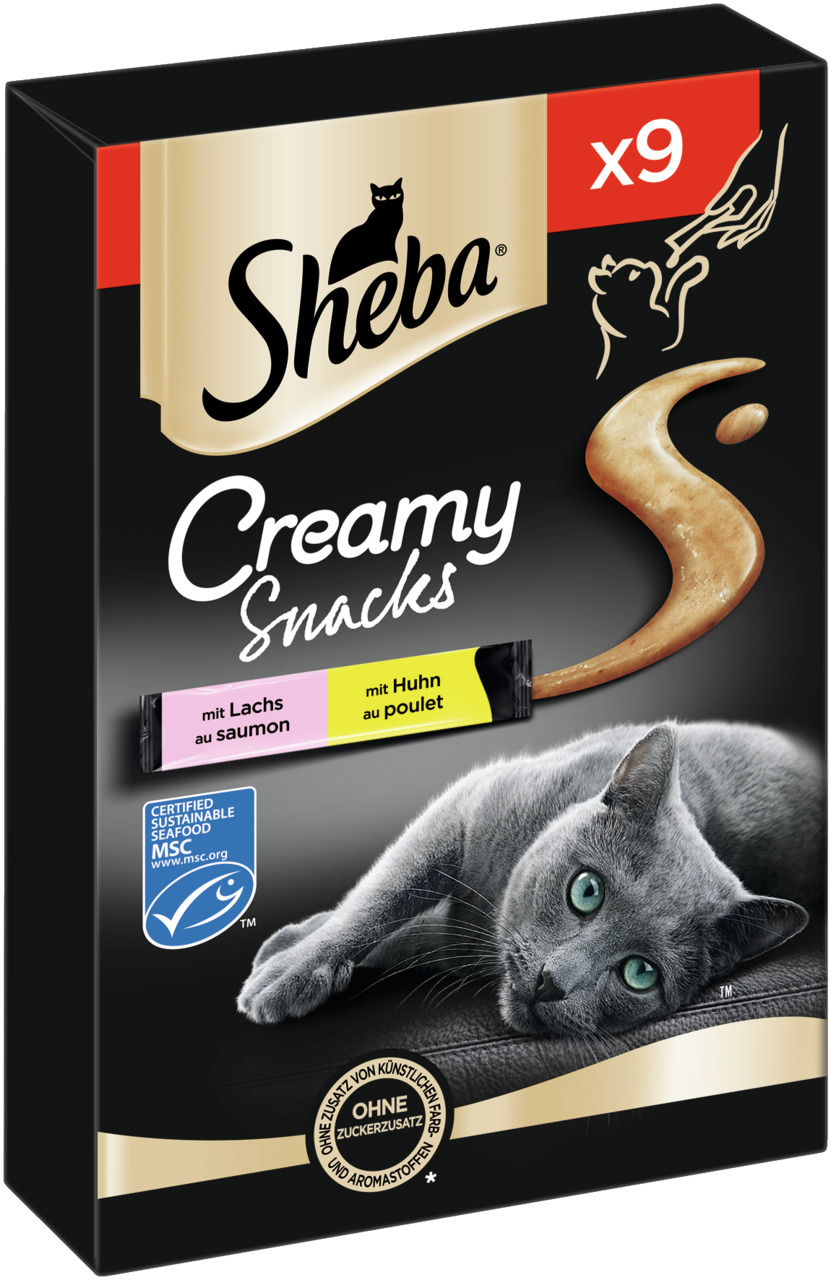 Sheba Creamy Snacks für Katzen, Lachs & Huhn, 9 Stk., ohne künstl. Farb-/Aromastoffe, MSC-zertifiziert.