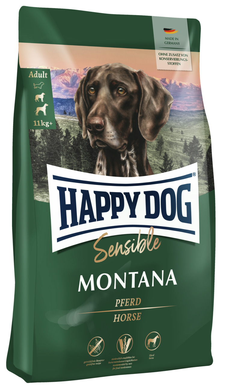 Happy Dog Sensible Montana, Trockenfutter für erwachsene Hunde, Pferd, 11 kg, für ernährungssensible Hunde, Premium-Qualität.