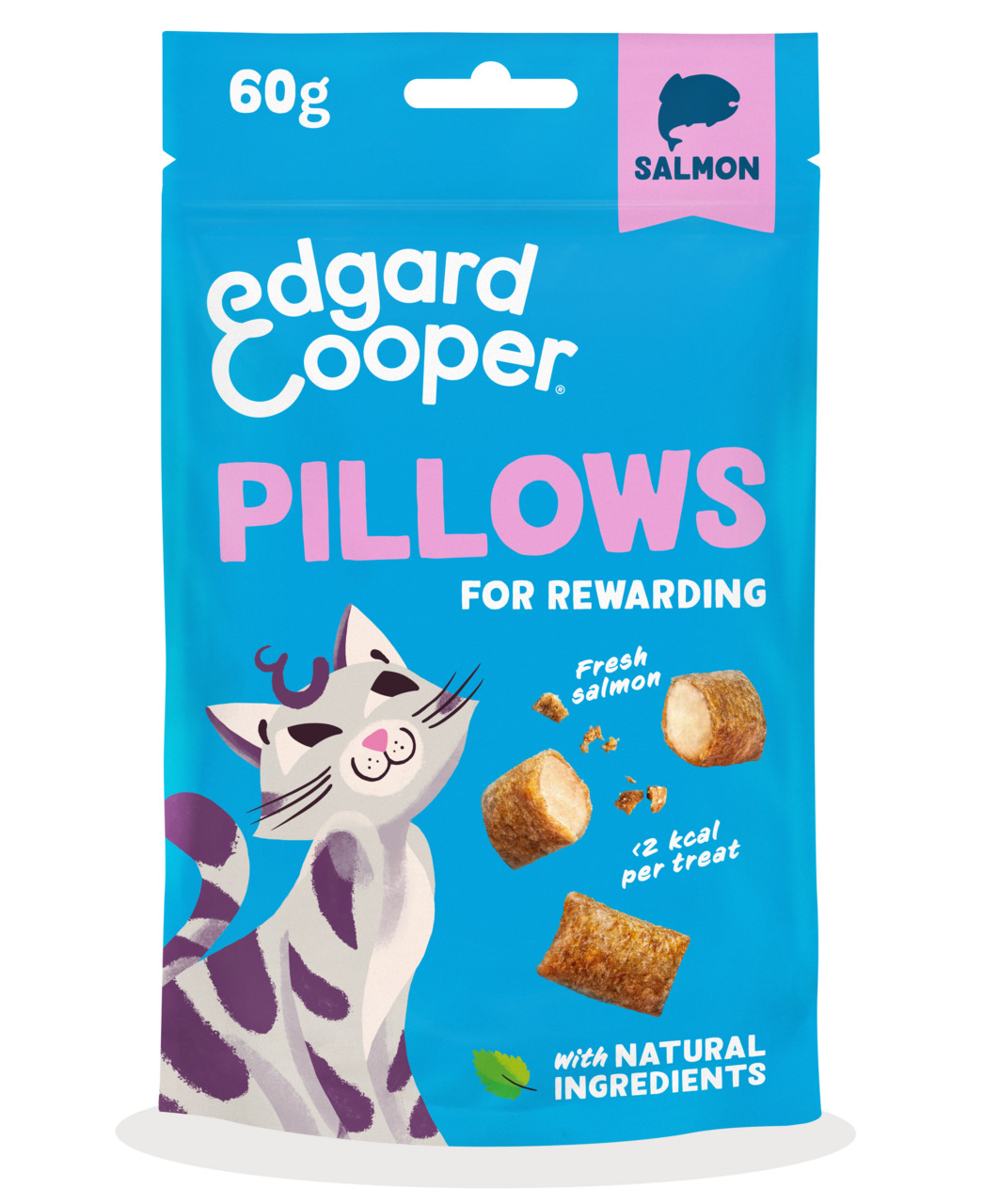 Das Bild zeigt eine blaue Verpackung der Marke Edgard & Cooper mit der Aufschrift „Pillows for Rewarding“. Es handelt sich um Katzensnacks mit frischem Lachs, geeignet für Katzen. Die Verpackung enthält 60 g und hebt natürliche Zutaten sowie einen Kalorie