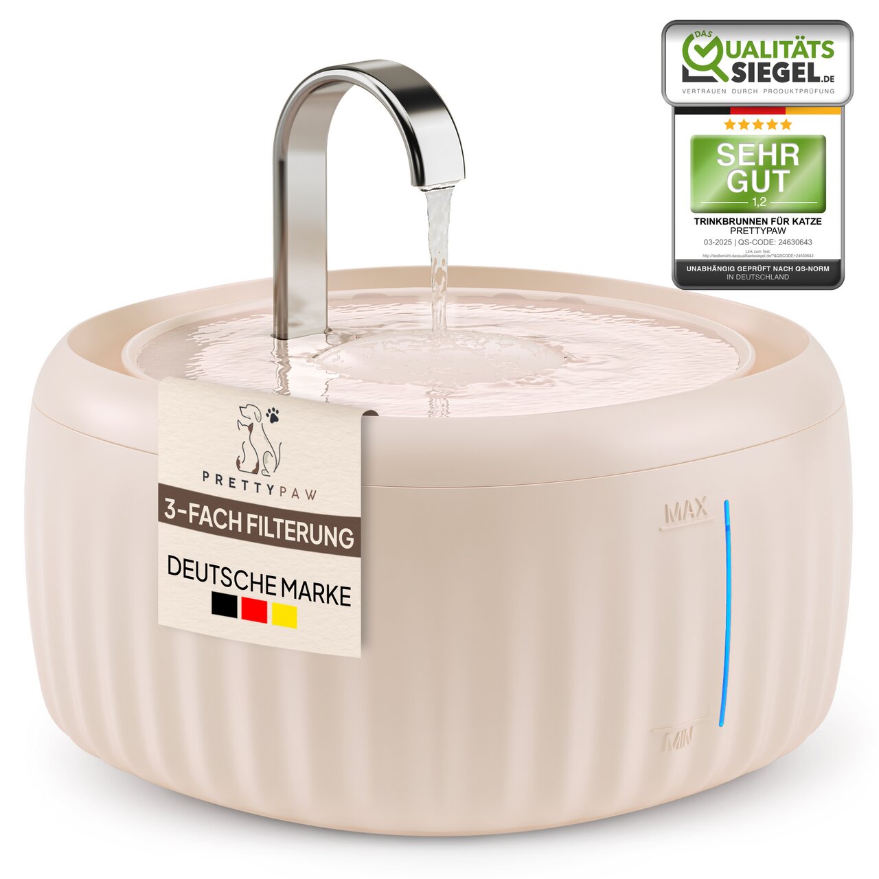 PRETTY PAW Trinkbrunnen für Katzen, creme, 3-fach-Filter, Edelstahl-Auslauf, Qualitätssiegel "Sehr gut" (1,2), deutsche Marke.