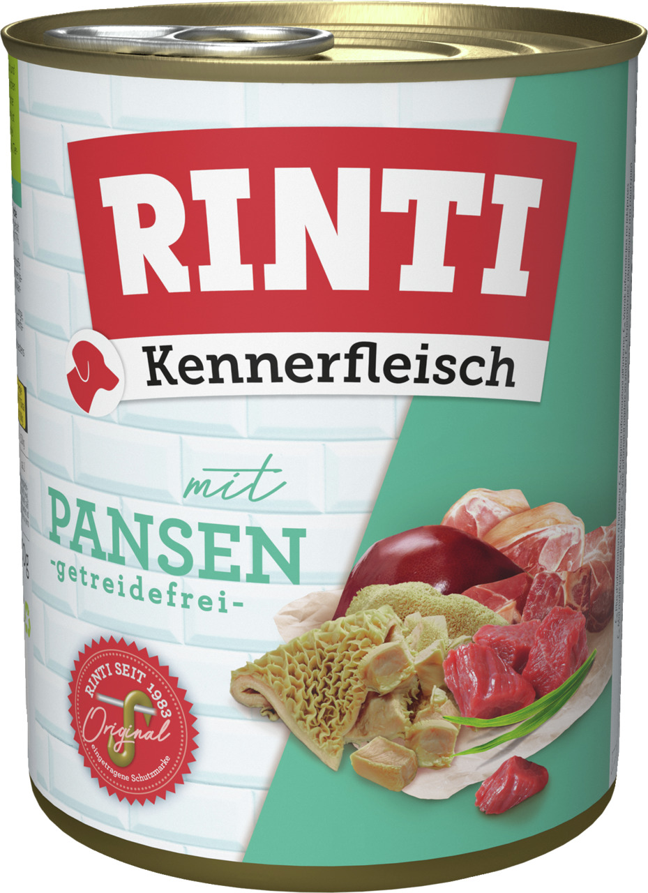 RINTI Kennerfleisch Hundefutter, Sorte mit Pansen, getreidefrei, frisches Fleisch, 800 g.