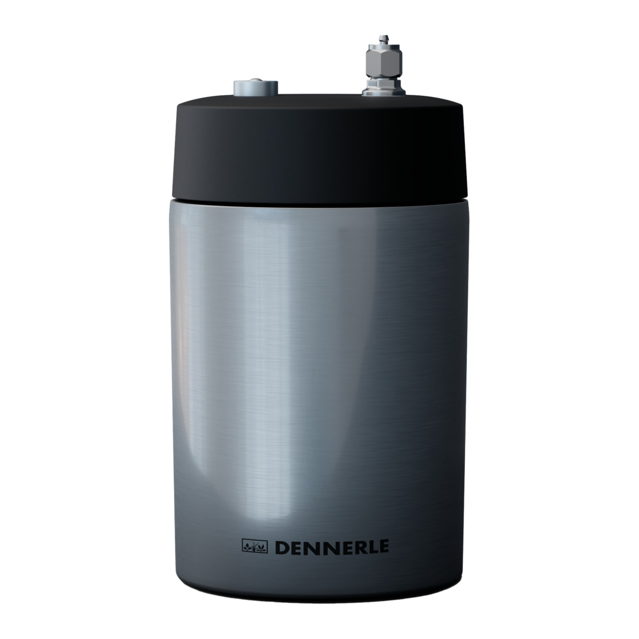 Das Bild zeigt den Dennerle CO2-Druckgaszylinder mit der EAN 4001615057751. Der Zylinder ist aus hochwertigem Metall gefertigt und hat eine glänzende, silberne Oberfläche mit schwarzem Deckel. Er dient der CO2-Versorgung in Aquarien und ist für Aquarienli