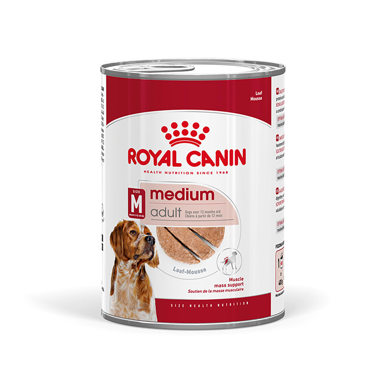 Das Bild zeigt eine Dose Hundefutter der Marke ROYAL CANIN, Produktname "Medium Adult". Es ist speziell für mittelgroße, ausgewachsene Hunde ab 12 Monaten geeignet. Die Geschmacksrichtung ist "Loaf-Mousse". Die Dose hat ein Fassungsvermögen von 400 g. Auf