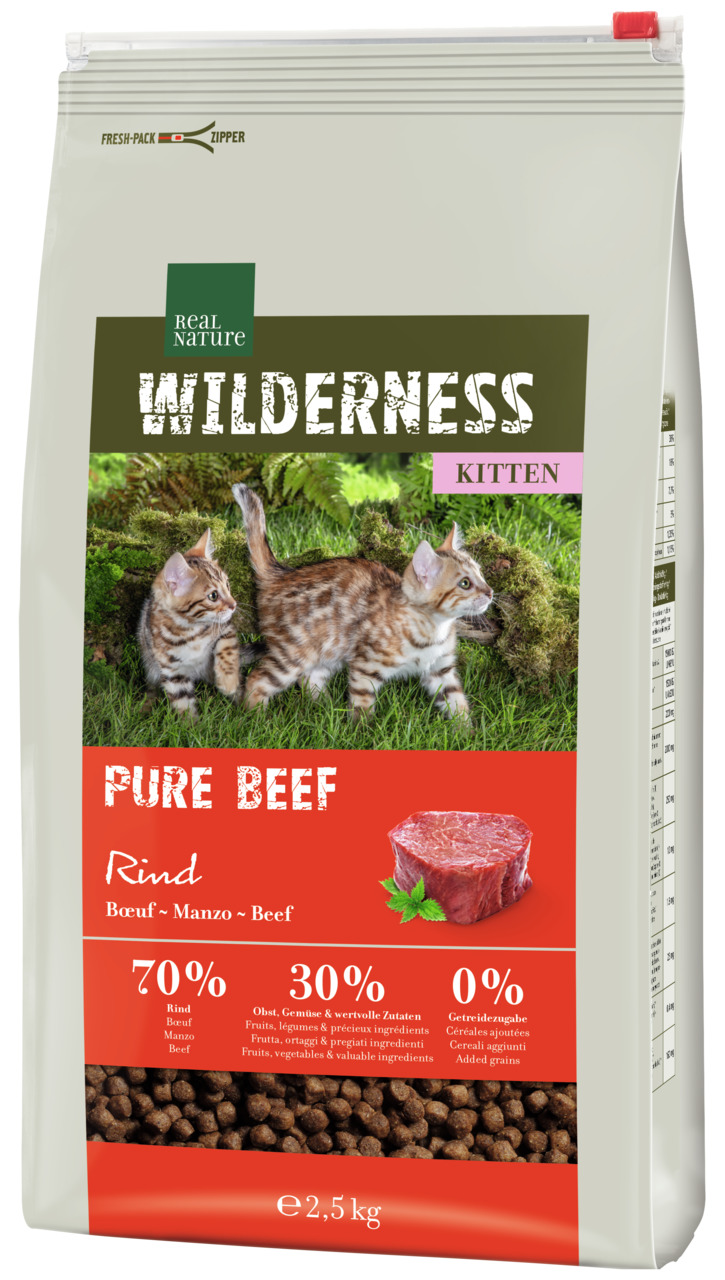REAL NATURE WILDERNESS PURE BEEF, Kitten, Rind, 2,5 kg, 70 % Rind, 30 % Obst-Gemüse, 0 % Getreide.
