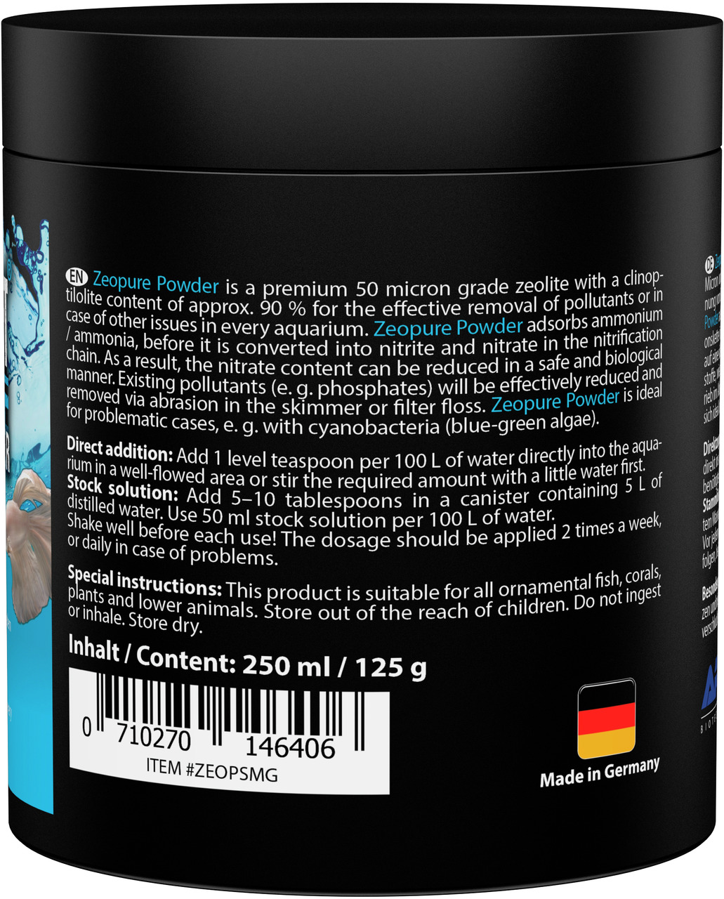 Das Bild zeigt eine schwarze Dose des Produkts „MICROBE-LIFT Zeopure Powder“, ein hochwertiges Zeolith-Pulver für Aquarien. Es ist geeignet für Zierfische, Korallen und niedere Tiere. Die Dose enthält 250 ml bzw. 125 g. Das Produkt entfernt Schadstoffe wi