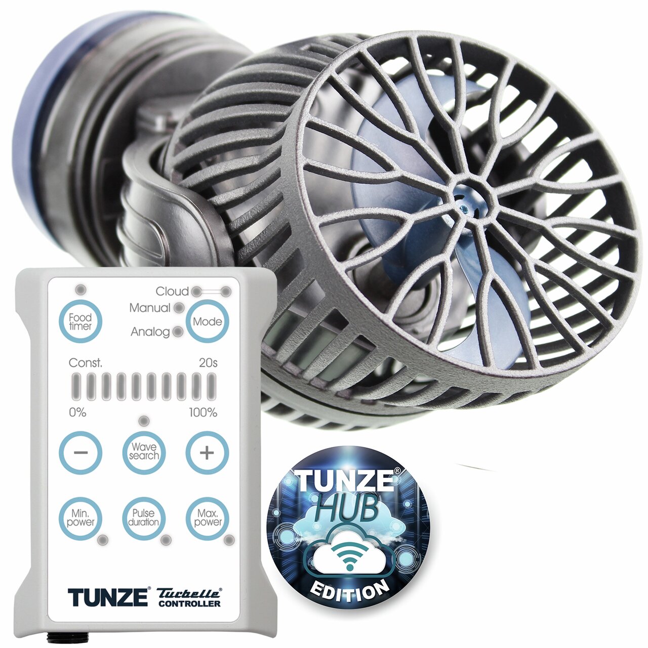 Strömungspumpe Tunze Turbelle Controller für Aquarien, mit WLAN-Hub Edition und verschiedenen Steueroptionen.