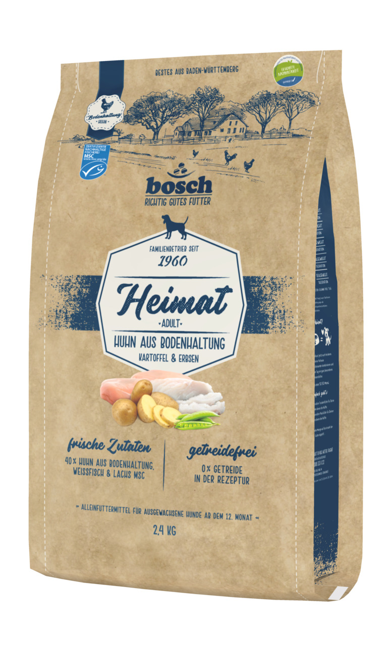 Bosch Heimat Adult Hundefutter, 2,4 kg, Huhn (Bodenhaltung), Kartoffeln, Erbsen, getreidefrei, für Hunde ab 12 Mon., 40 % Huhn, Fisch.