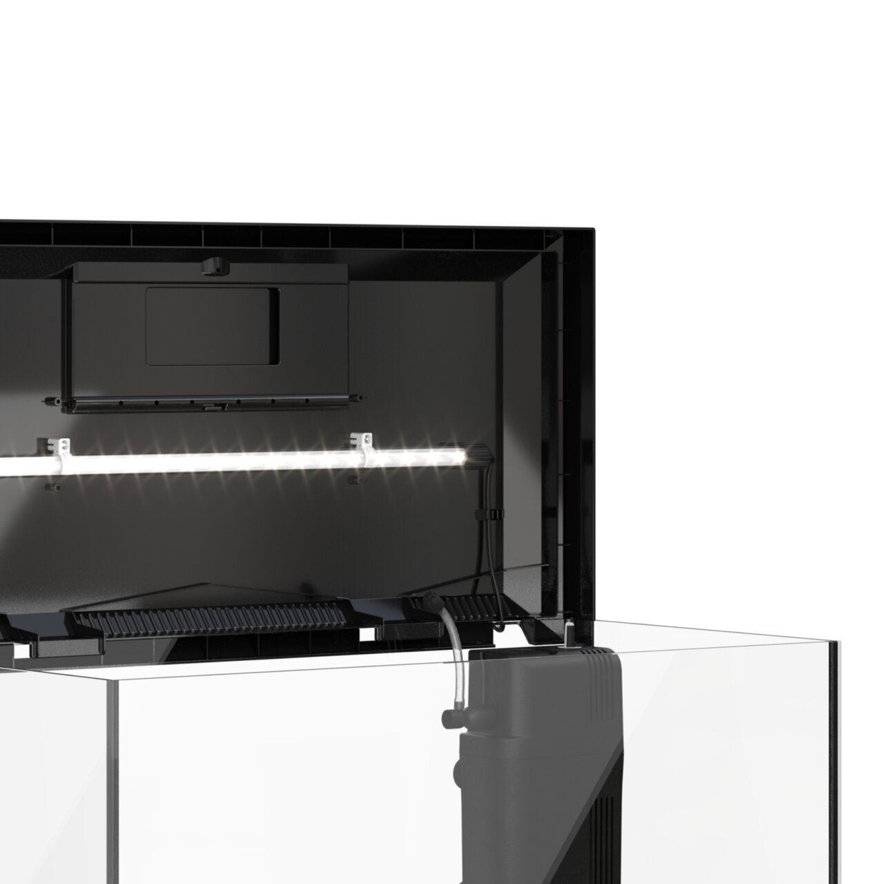 Aquarienabdeckung von JUWEL mit integrierter LED-Beleuchtung und Filtereinsatz. Geeignet für Aquaristik, modernes schwarzes Design.