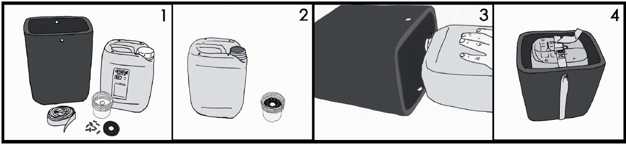 Söchting Oxydator: Anleitung zur Nutzung. Bild 1-4 zeigen Einzelteile, Kanistereinsetzung u. geschlossenen Behälter.