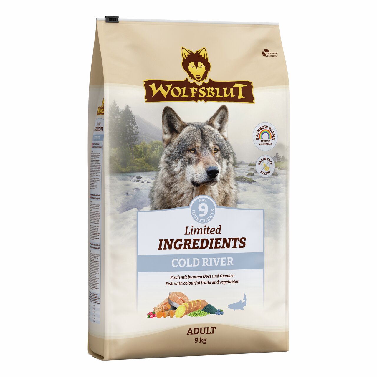 WOLFSBLUT Cold River Hundefutter für Erwachsene, Fisch mit Obst und Gemüse, 9 kg, getreidefrei, maximal 9 Zutaten.