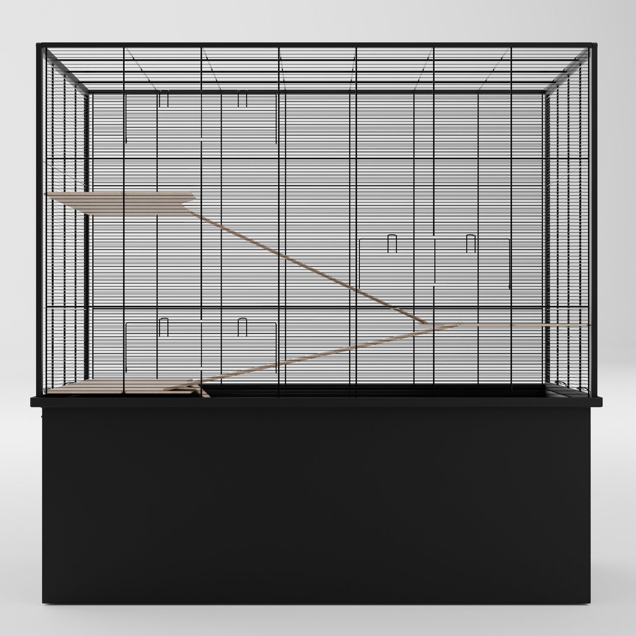 Das Bild zeigt einen geräumigen Kleintierkäfig der Marke Allpets, geeignet für Nagetiere wie Hamster oder Mäuse. Der Käfig verfügt über mehrere Ebenen und Rampen aus Holz, die eine artgerechte Haltung und Bewegung ermöglichen. Die stabile schwarze Bodenwa