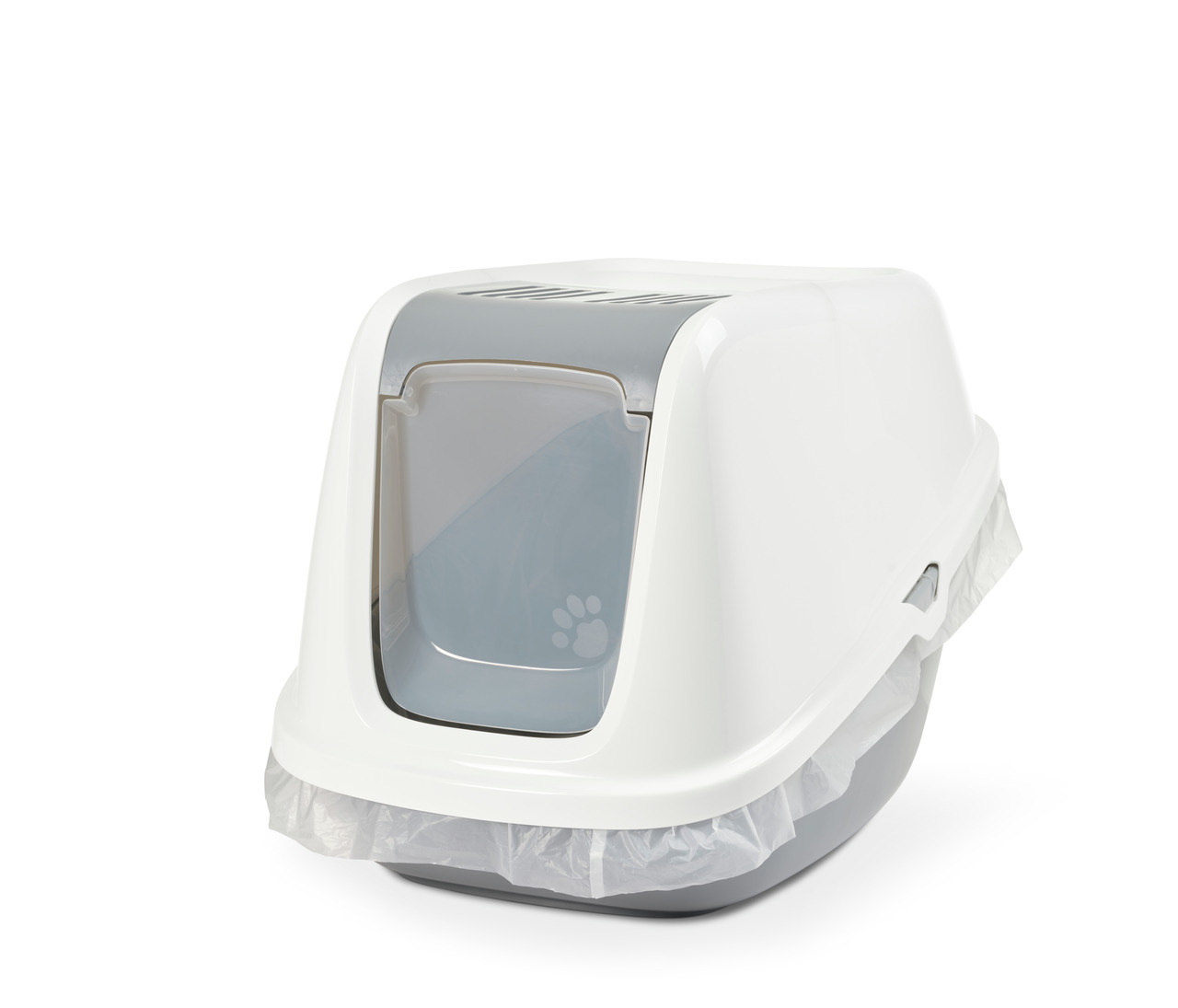 SAVIC Katzentoilette m. Haube, f. Katzen, Weiß/Grau, Schwingtür m. Pfotenmotiv, Privatsphäre & Hygiene, Griff, Schutzrand.