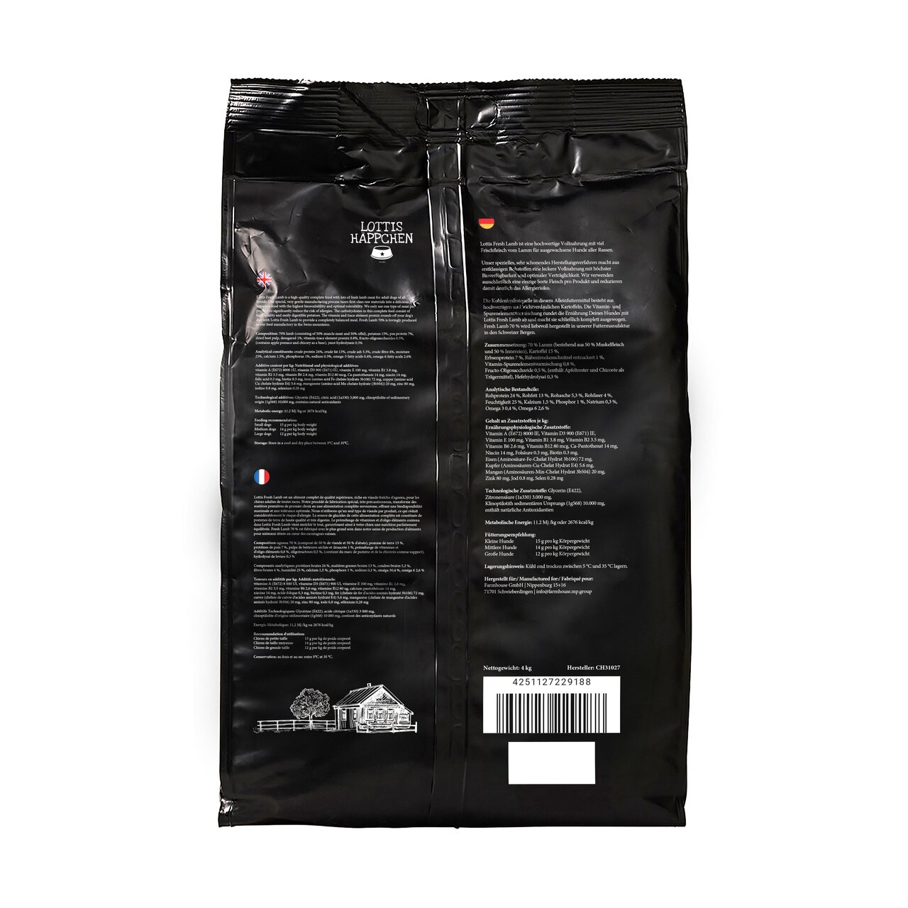 Rückseite der Verpackung „Lottis Häppchen“. Trockenfutter für Hunde, Geschmack: nicht erkennbar, Menge: 4 kg, schwarzes Design.