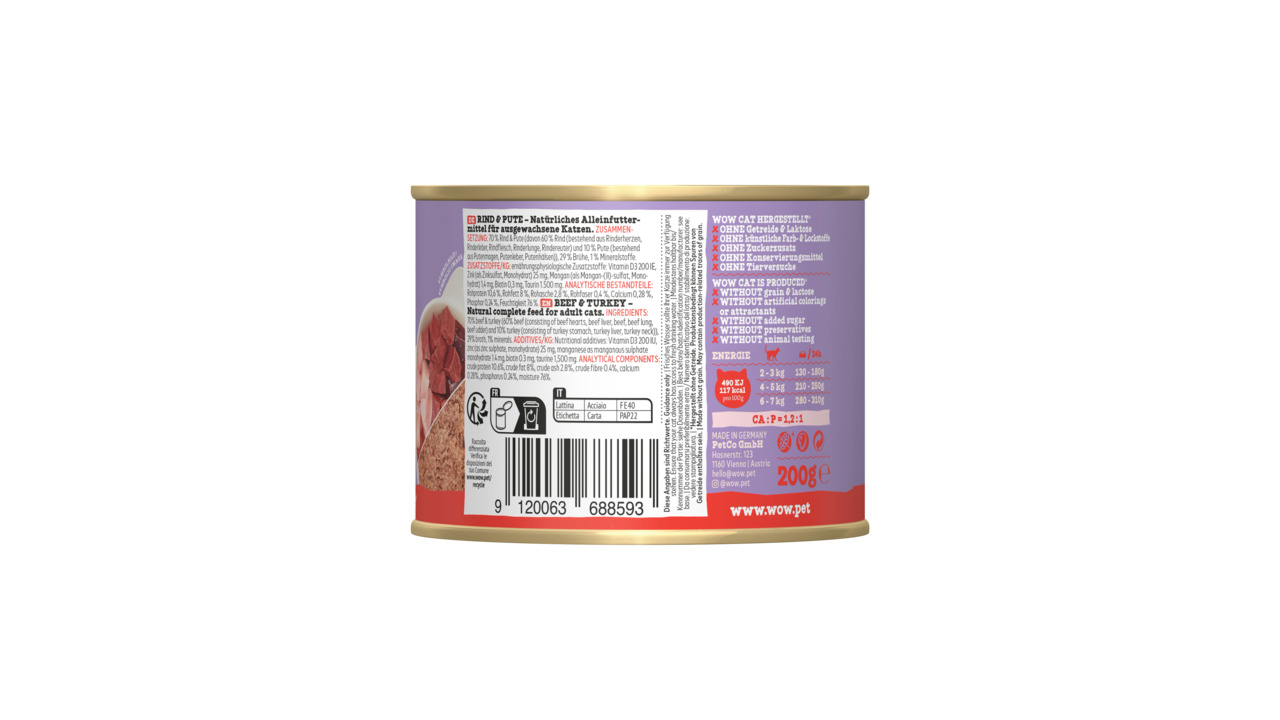 WOW CAT Rind & Pute, 200g, Alleinfutter f. erw. Katzen, ohne Zuckerzusatz, ohne Getreide, ohne künstl. Zusätze.