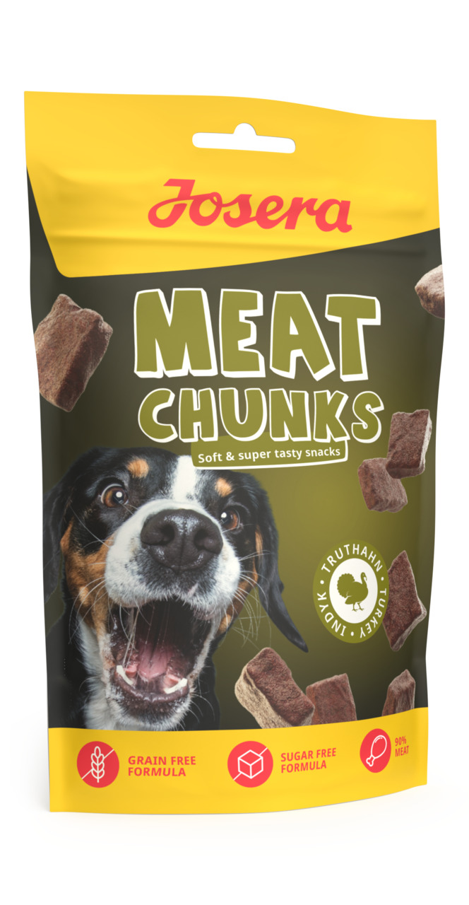 Josera Meat Chunks, Hundesnacks, Truthahn, getreidefrei, zuckerfrei, 90 % Fleisch, weiche Konsistenz, für Hunde, gelb-schwarze Verpackung.